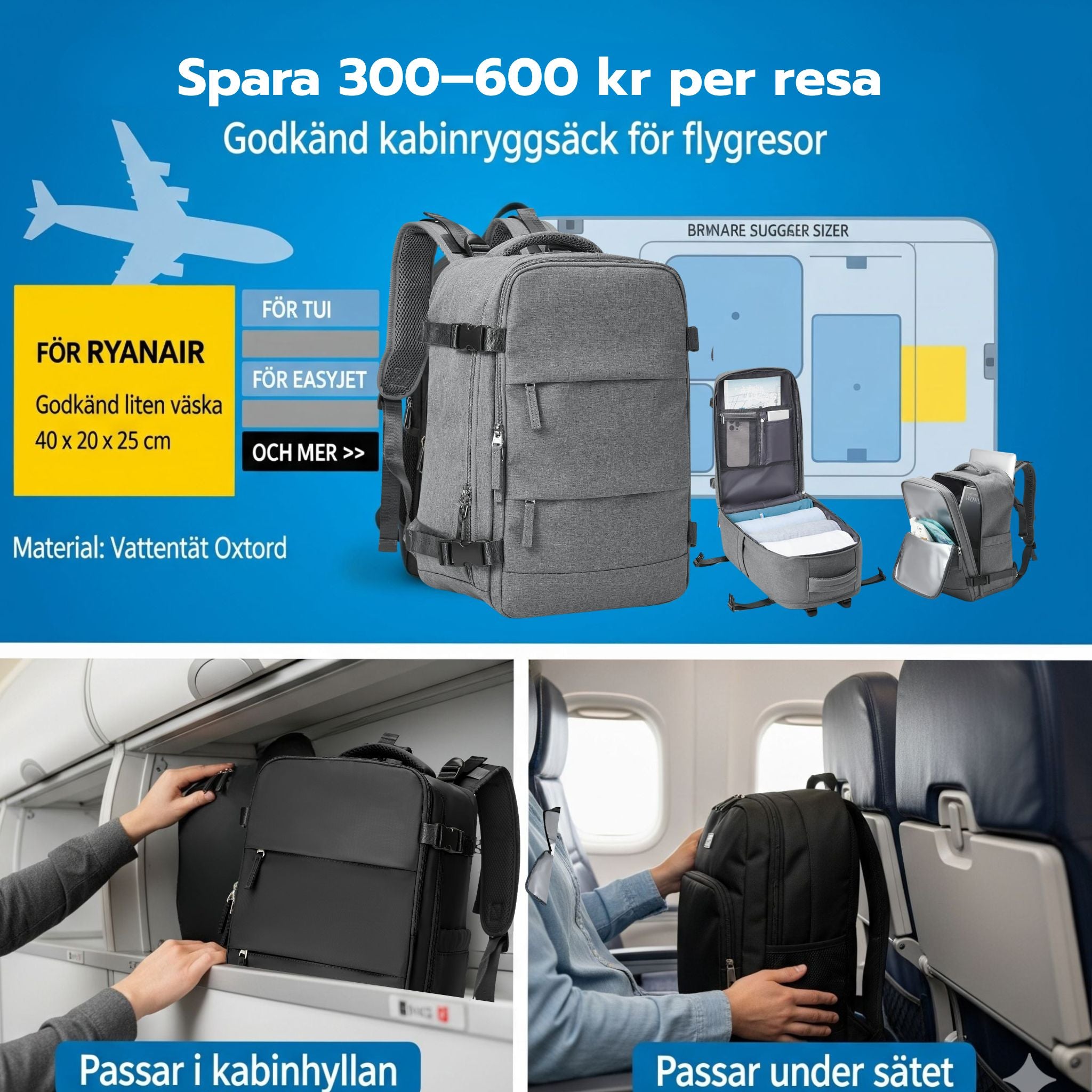 Smart Reseryggsäck 40×20×25 cm – Under-sätet, Vattentät Nylon, Skofack & Laptopficka