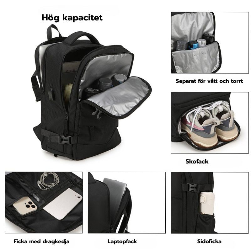 Smart Reseryggsäck 40×20×25 cm – Under-sätet, Vattentät Nylon, Skofack & Laptopficka