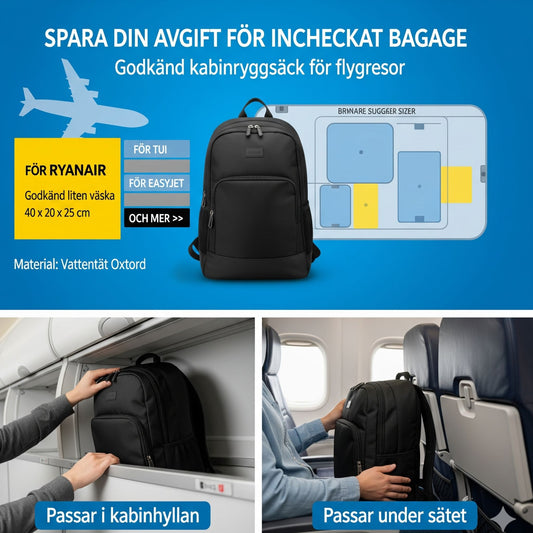 Smart Reseryggsäck 40×20×25 cm – Under-sätet, Vattentät Nylon, Skofack & Laptopficka